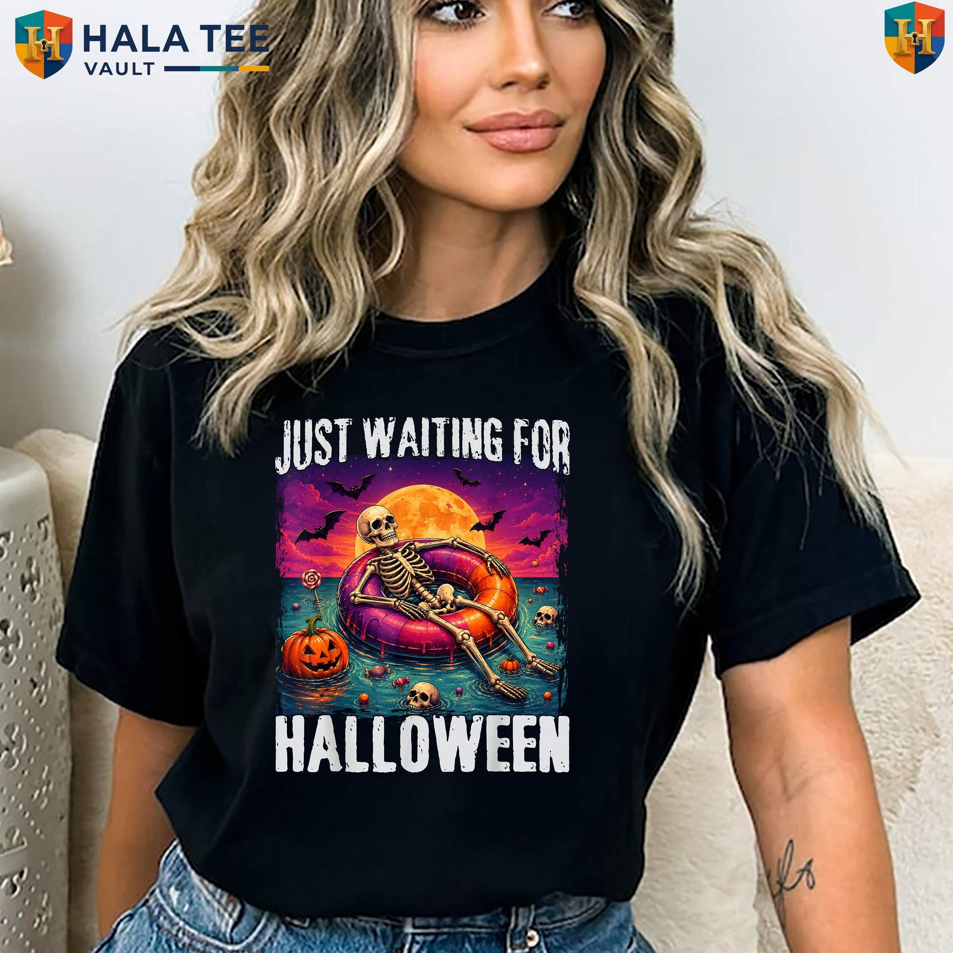 Waiting For Halloween Skeleton TShirt Just Summer Spooky Season Graphic Top