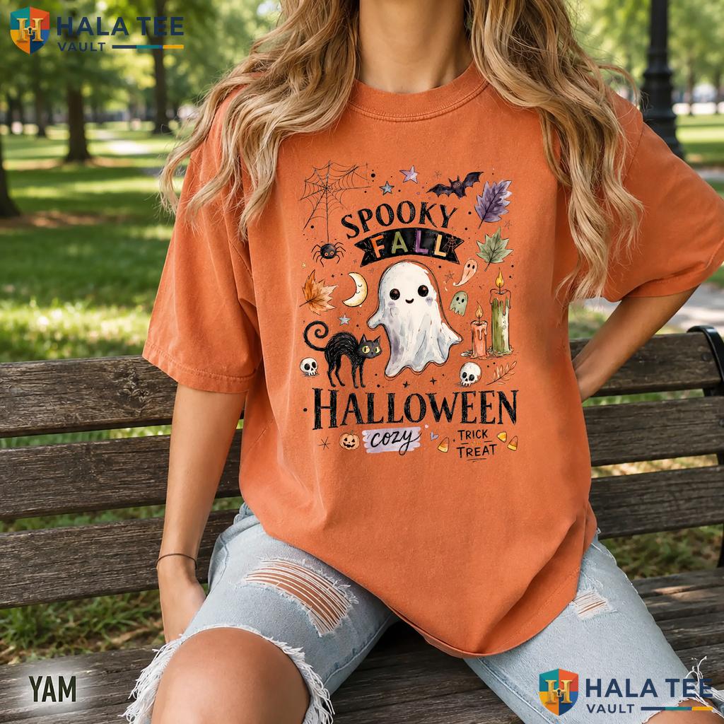 Watercolor Ghost Comfort Colors T Shirt Cute Spooky Black Cat Halloween Top Vintage Washed Tee