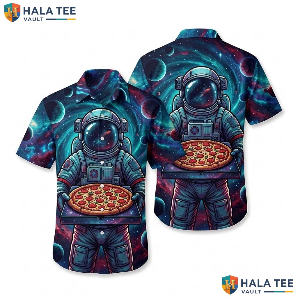 Whimsical Astronaut Pizza Hawaiian Shirt Vibrant Graphic Casual Summer Beachwear
