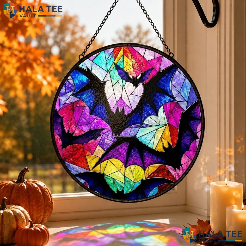Whimsical Bat Halloween Stained Glass Suncatcher Colorful Window Bat Lover Adult