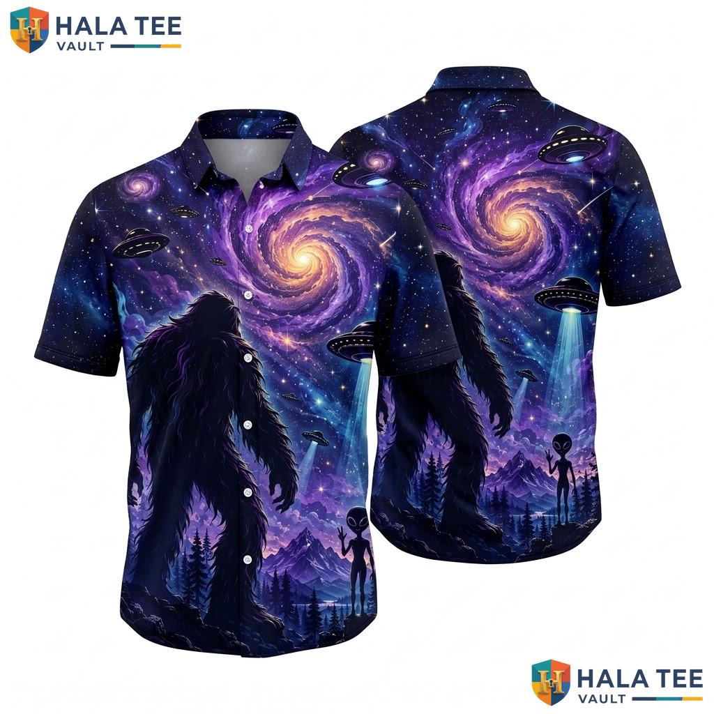 Whimsical Bigfoot Hawaiian Shirt Cosmic Ufo Quirky Casual Summer Apparel