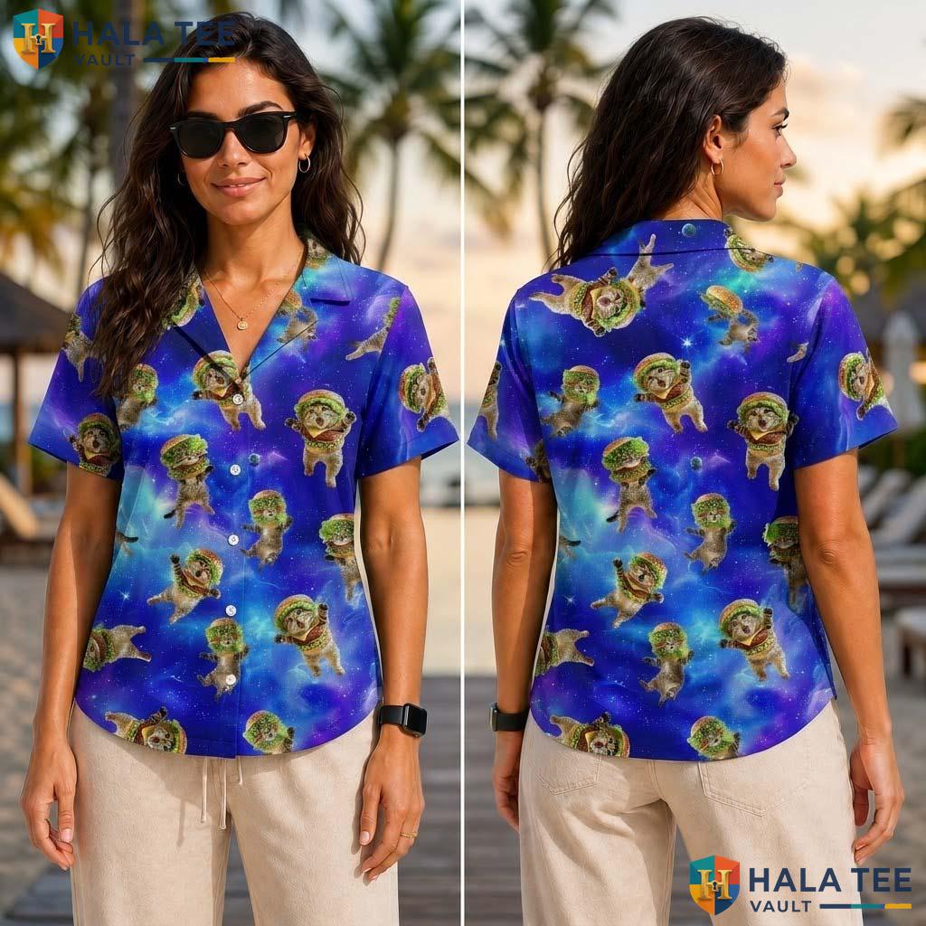 Whimsical Cat Astronaut Tropical Shirt Funny Space Themed Design Lover Top