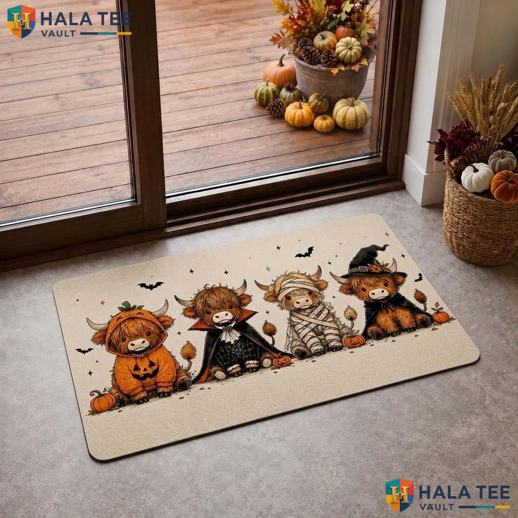 Whimsical Cow Fall Doormat Highland Costume Playful Welcome Entrance Rug