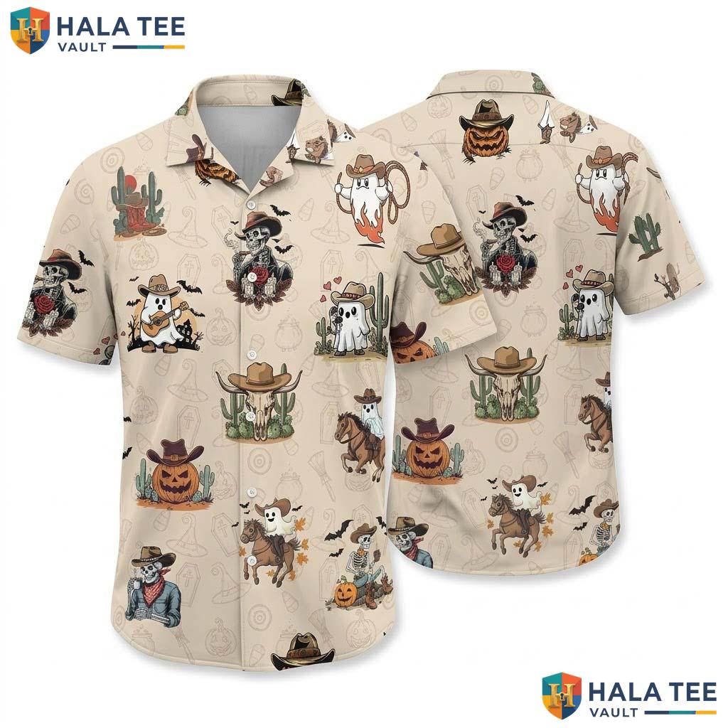 Whimsical Cowboy Halloween Hawaiian Shirt Light Brown Vintage Summer Beach Top