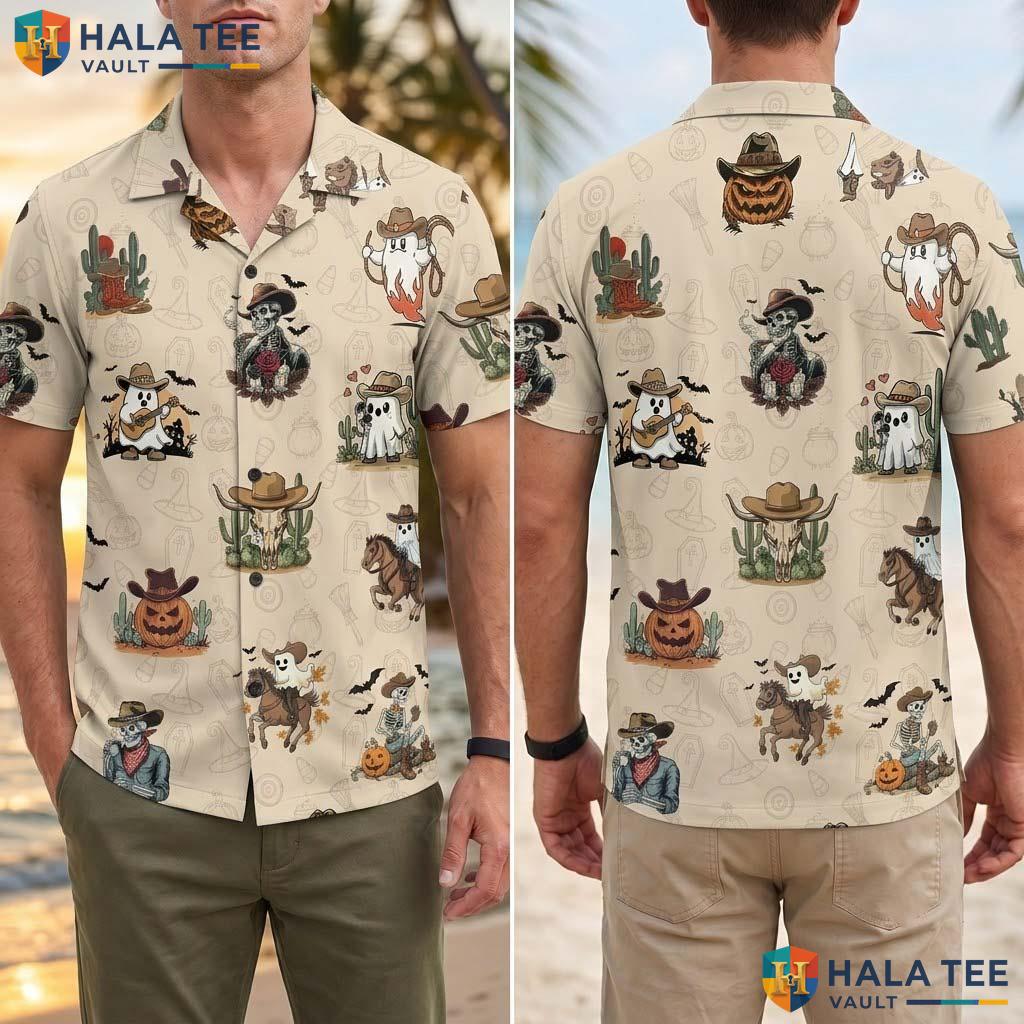 Whimsical Cowboy Halloween Hawaiian Shirt Light Brown Vintage Summer Beach Top Adult