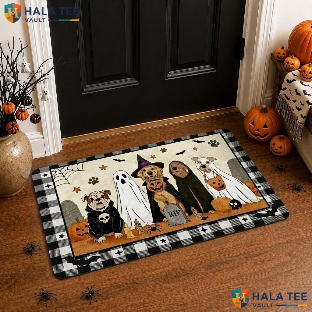 Whimsical Dog Ghost Front door mat Playful Pup Pumpkin Porch Welcome Fall Decor