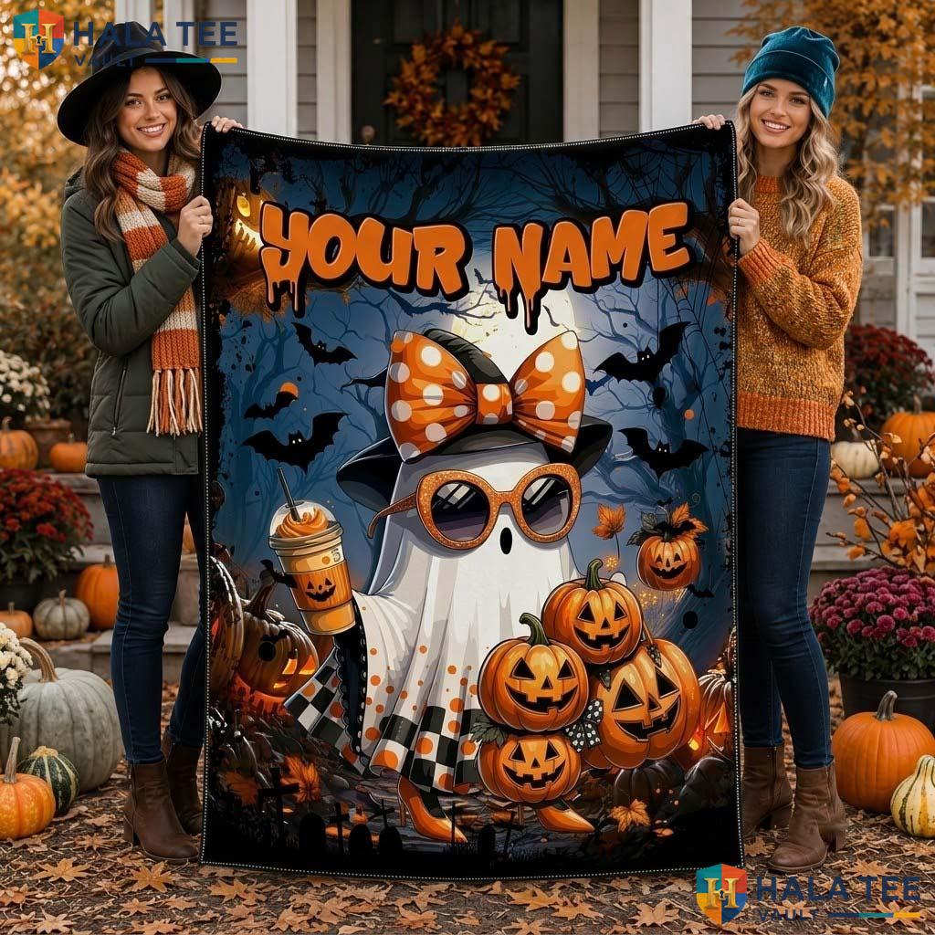 Whimsical Ghost Halloween Blanket Custom Name Pumpkin Kids Teen Throw