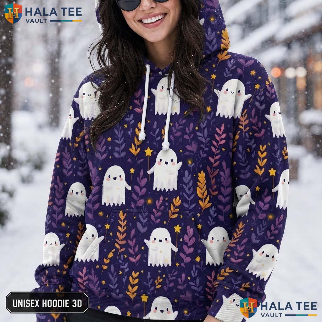 Whimsical Ghost Leaf 3D Printed Hoodie Cute Cartoon Colorful Graphic Halloween