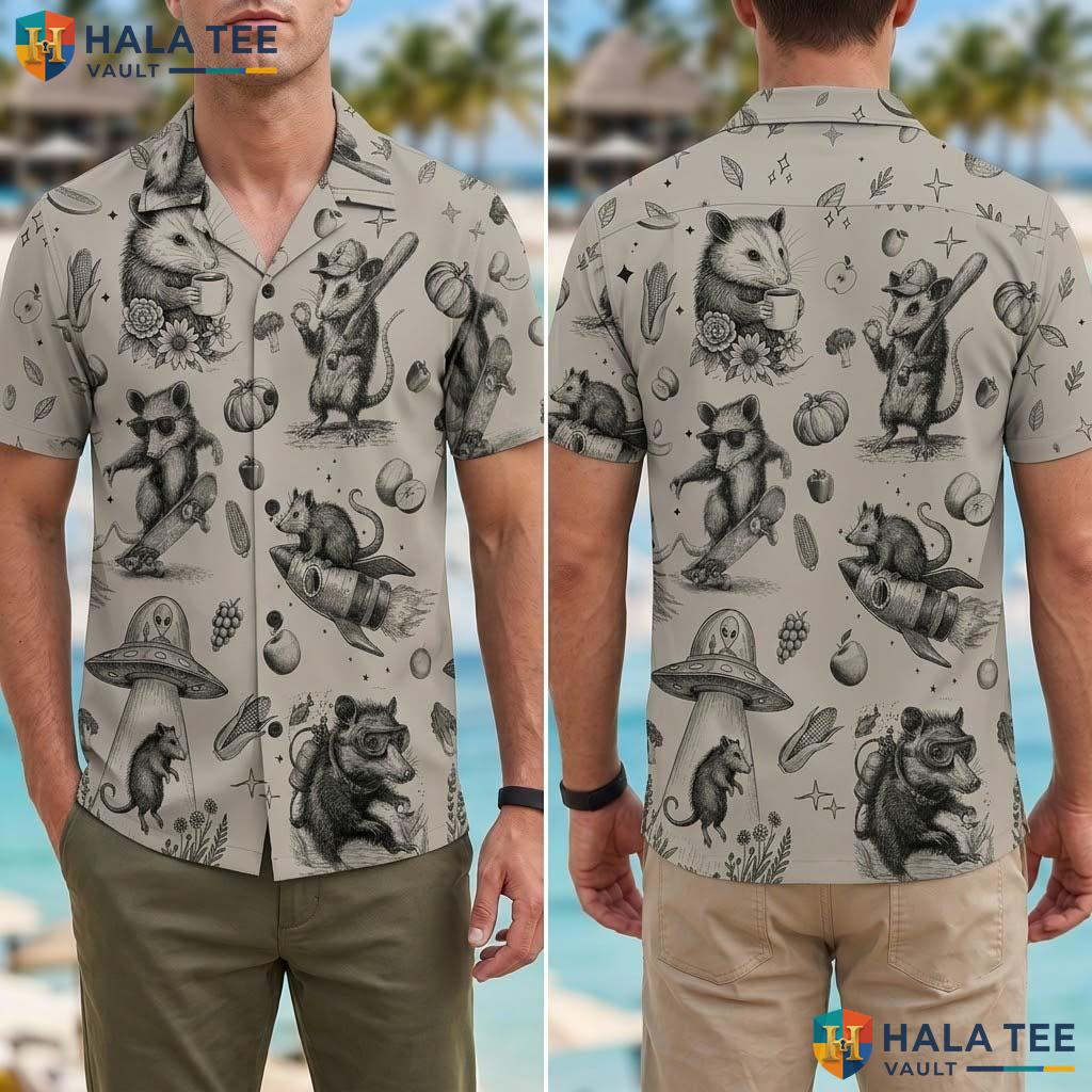 Whimsical Opossum Hawaiian Shirt Funny Vintage Print Short Sleeve Casual Top Adult