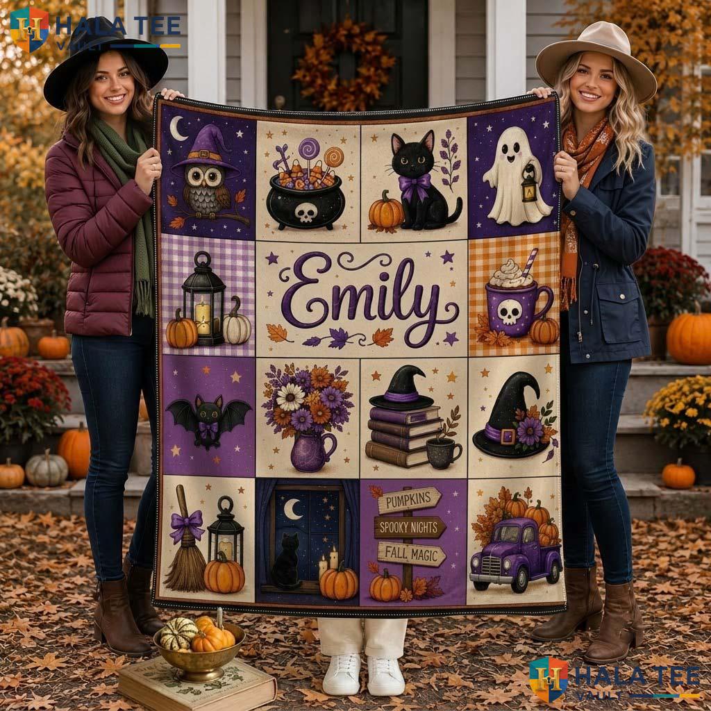 Whimsical Quilt Halloween Blanket Custom Name Spooky Ghost Cat Throw