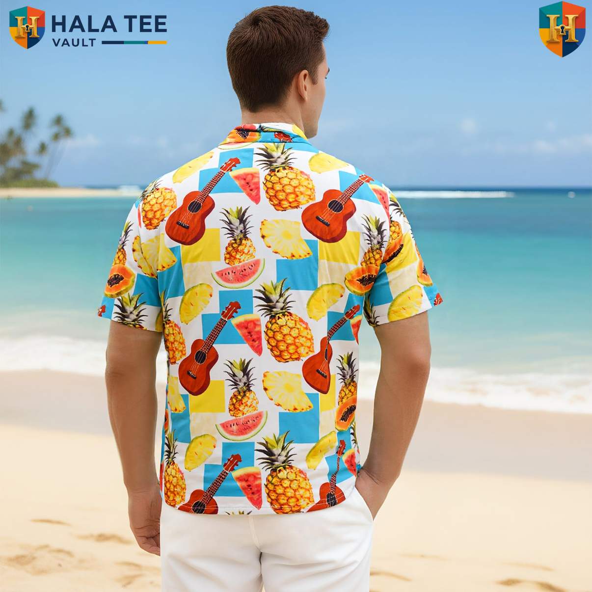 White Guitar Tropical Tropical Shirt Mens Resort Button Down Music Festival Top