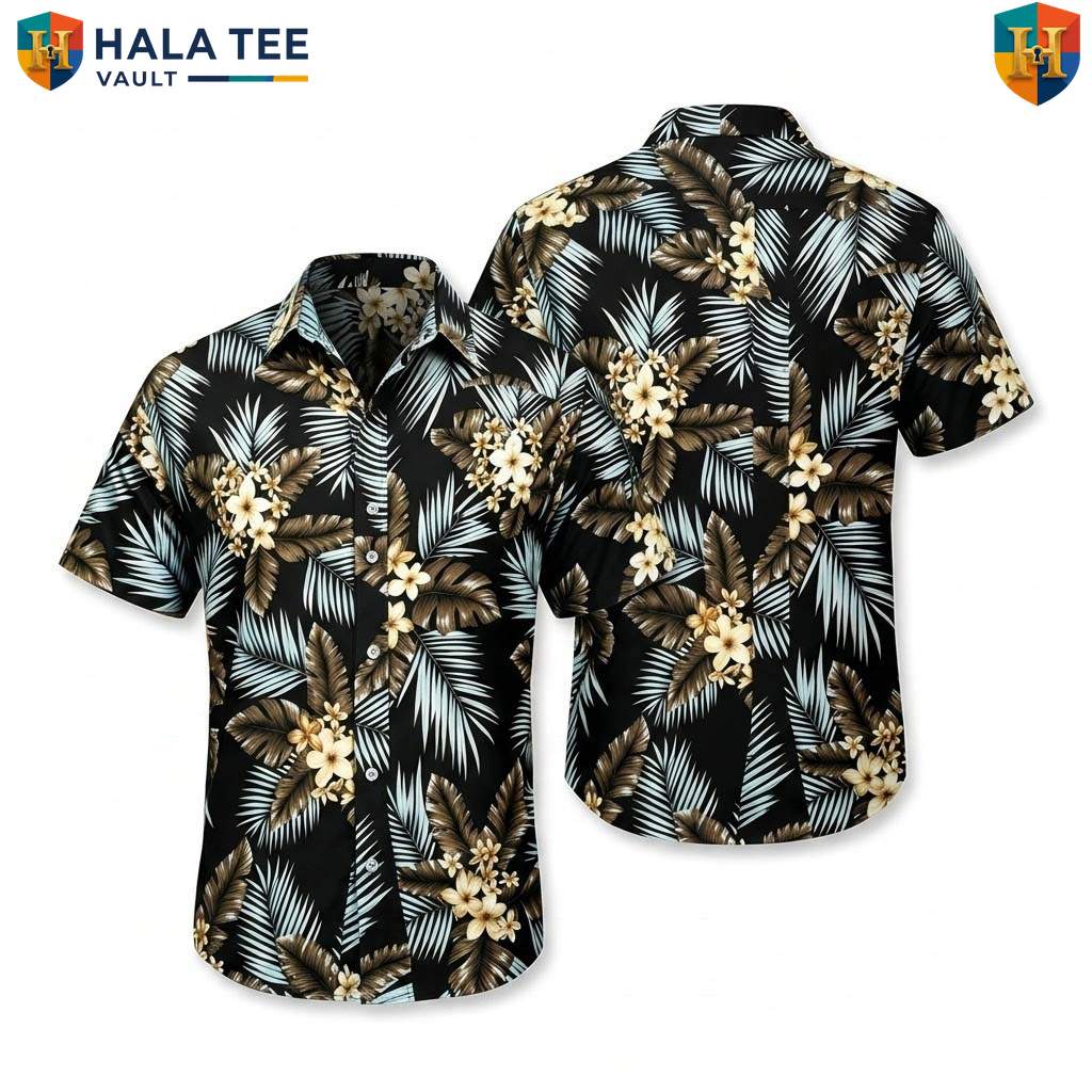 White Leaf Black Aloha Shirt Mens Tropical Casual Summer Beachwear Top