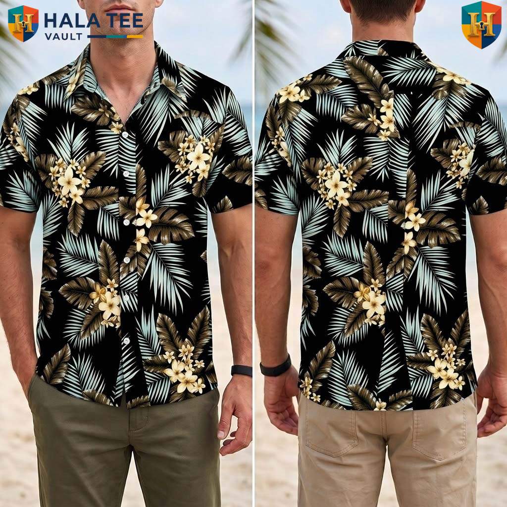 White Leaf Black Aloha T-Shirt Mens Tropical Casual Summer Beachwear Top