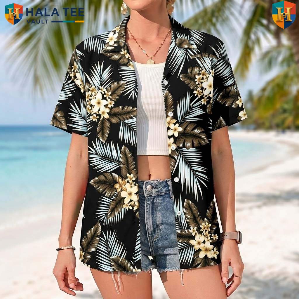 White Leaf Black Aloha Tee Mens Tropical Casual Summer Beachwear Top