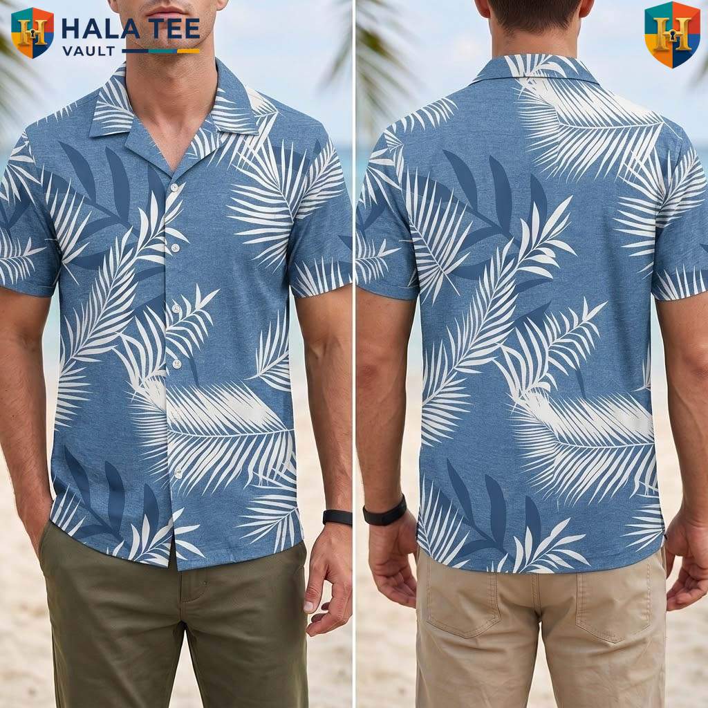 White Leaf Blue Aloha T-Shirt Mens Tropical Casual Summer Beachwear Top