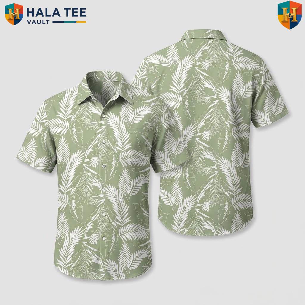 White Leaf Green Aloha Shirt Mens Tropical Casual Summer Beachwear Top