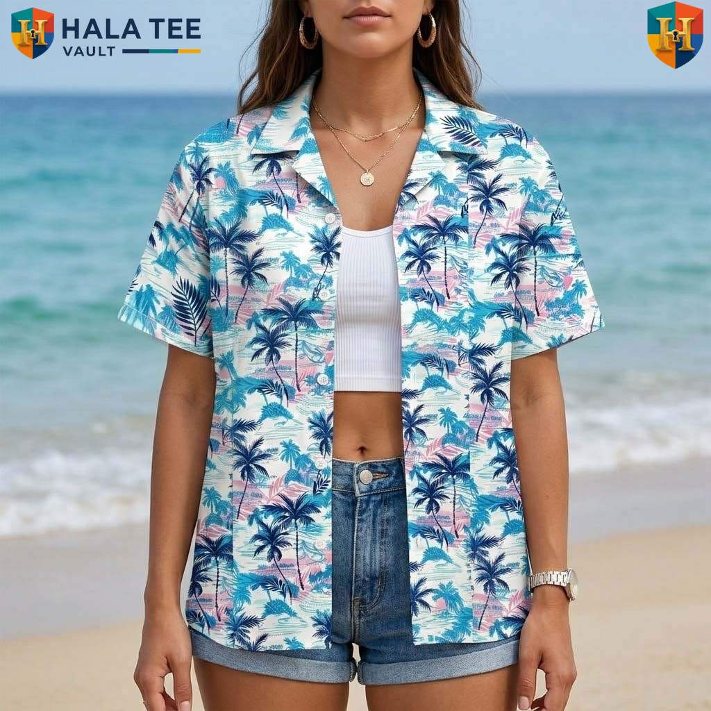 White Palm Tree Aloha Tee Mens Tropical Casual Summer Beach Resort Wear
