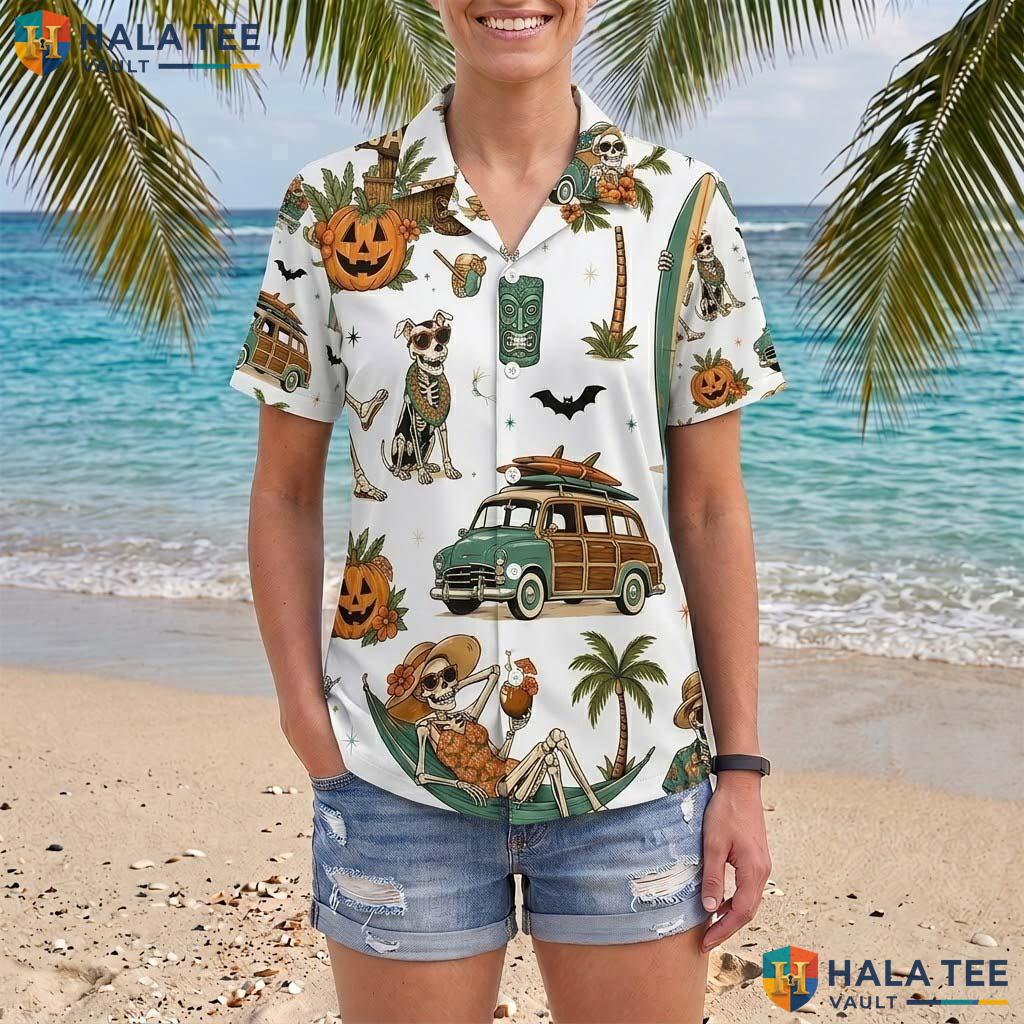 White Summerween Halloween Hawaiian Shirt Tropical Skeleton Aloha Top Adult