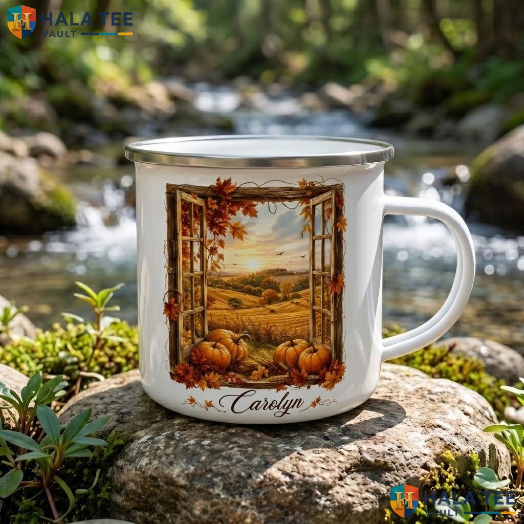 Window With Autumn Fields Ceramic Mug Personalized Halloween Coffee Accent Mug