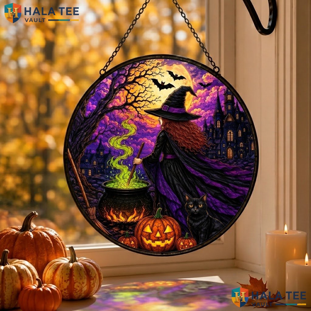 Witch Cauldron Cat Halloween Stained Glass Suncatcher Mystical Pumpkin Window Adult