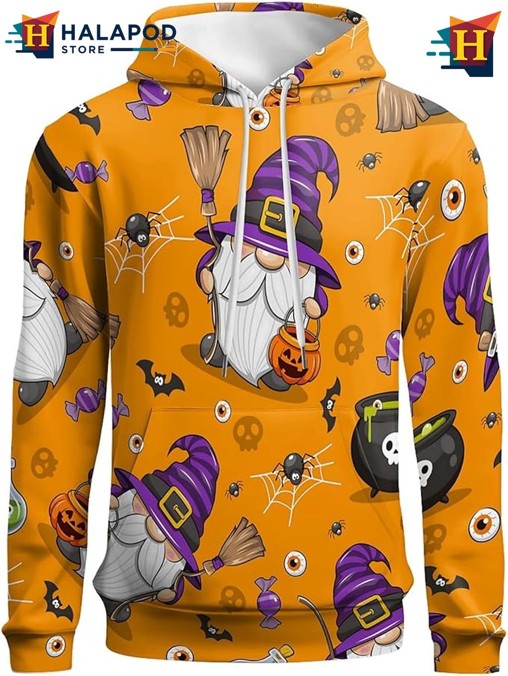 Witch Gnome Halloween 3D Hoodie Spooky Trick Or Treat Fall Holiday Pullover