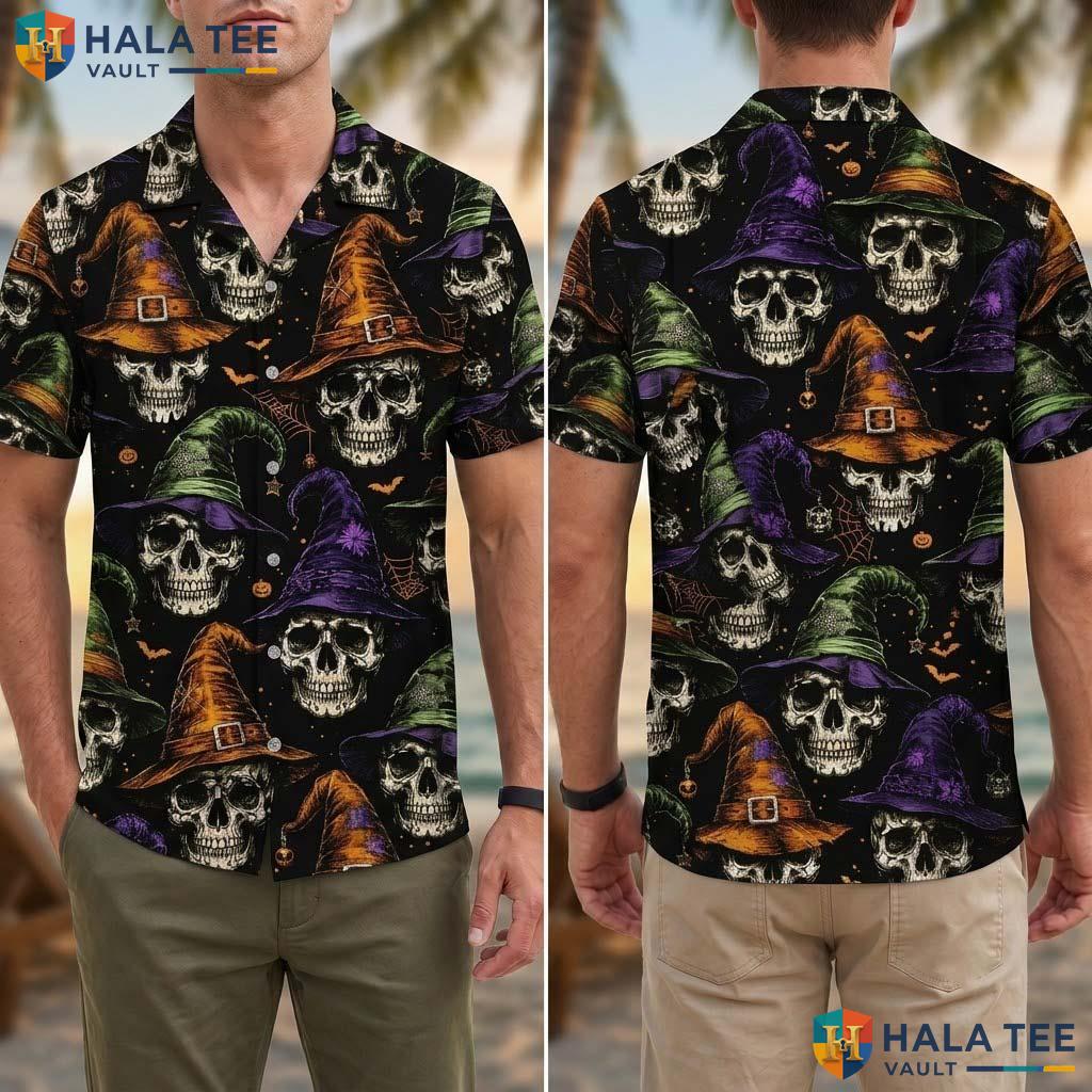 Witch Hat Skull Halloween Hawaiian Shirt Spooky Skeleton Aloha Top Adult