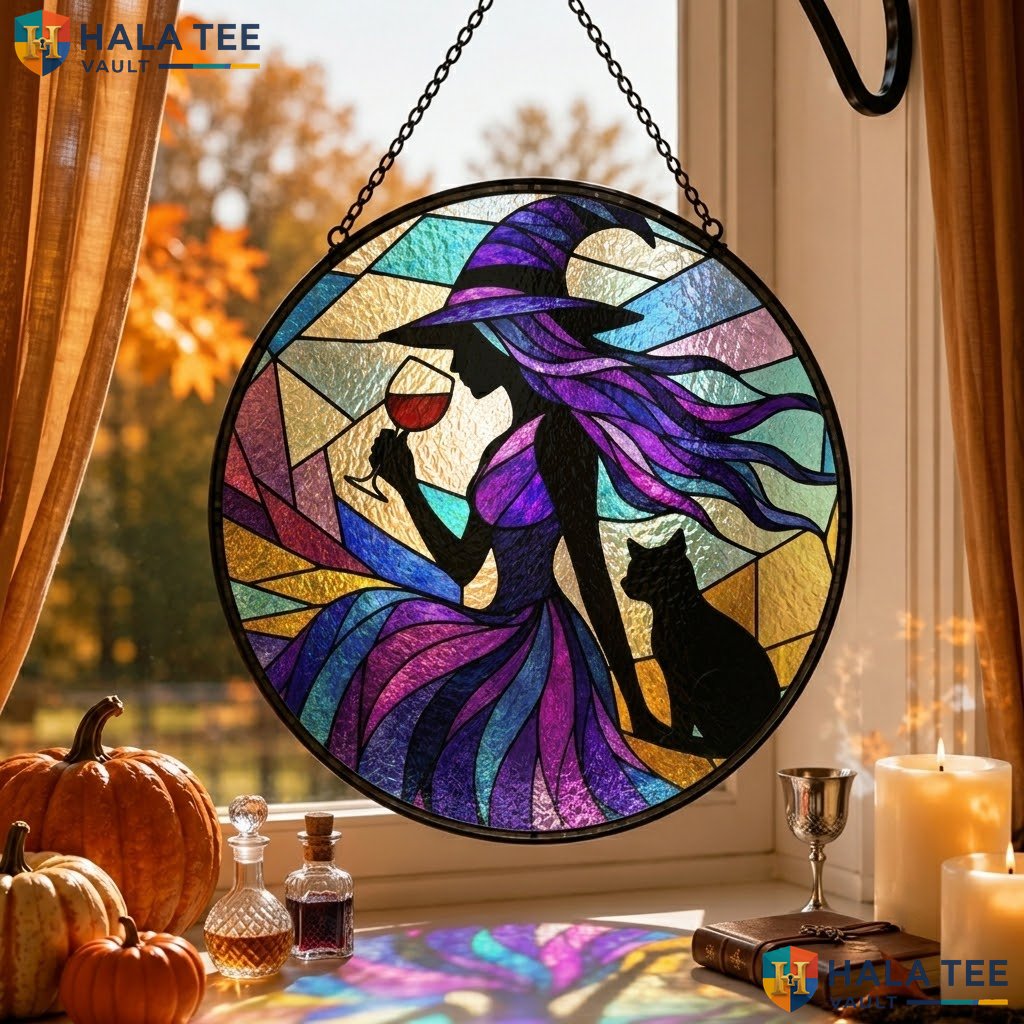 Witch Silhouette Halloween Stained Glass Suncatcher Gothic Cat Home Decor Art Adult