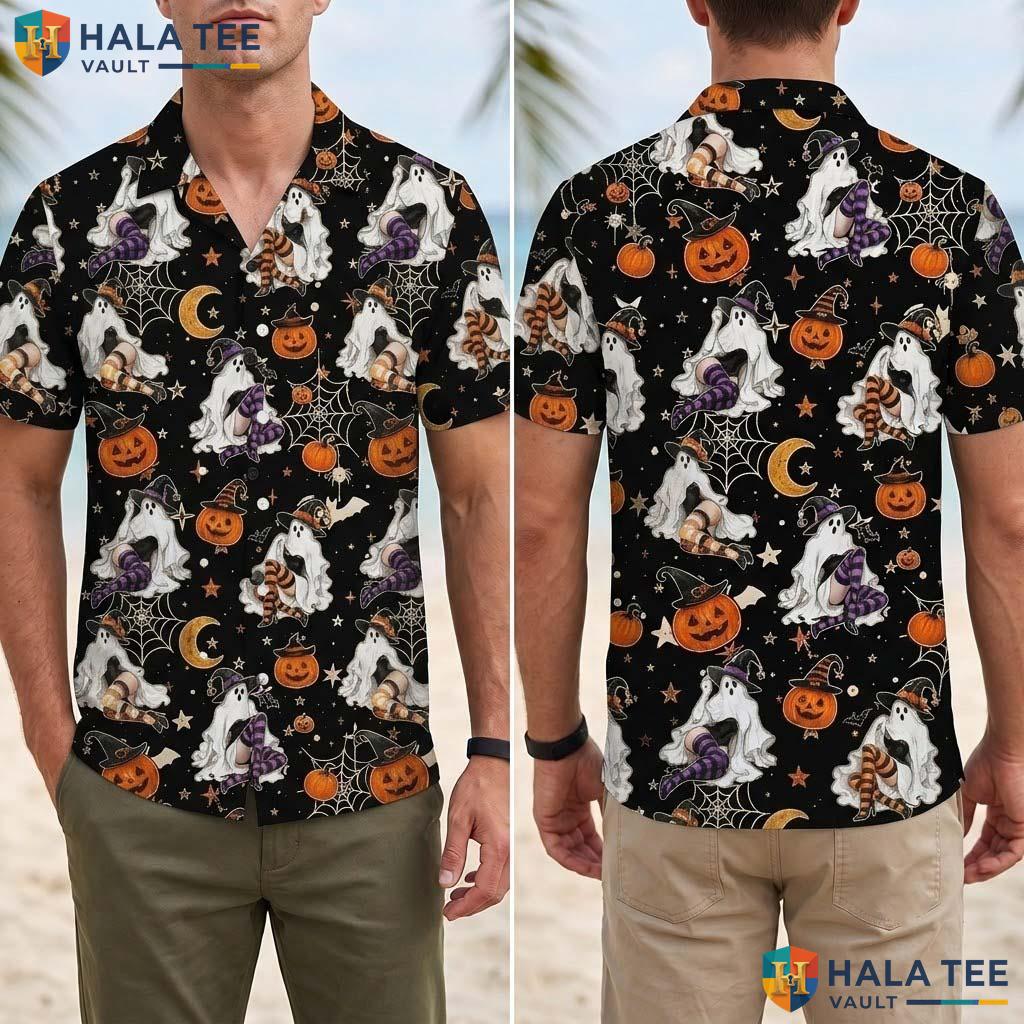 Witchy Spider Web Halloween Hawaiian Shirt Spooky Ghost Pumpkin Top Adult