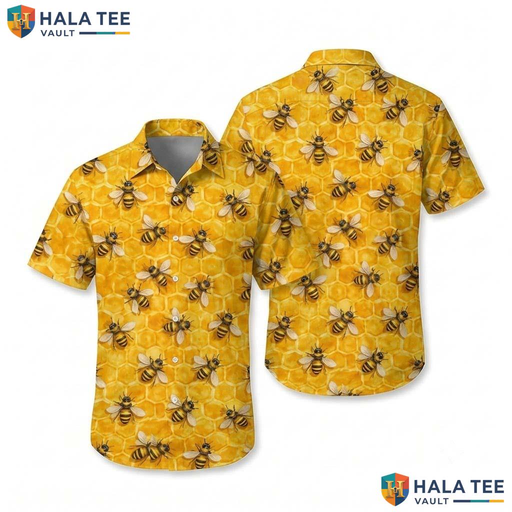 Yellow Bee Funny Hawaiian Shirt Mens Crazy Graphic Vacation Apparel