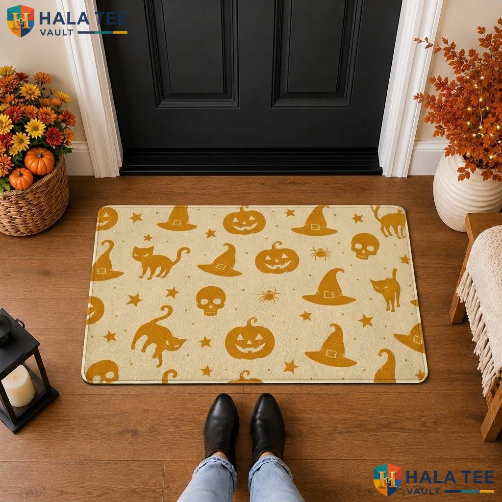 Yellow Black Cat Halloween Front door mat Pumpkin Spooky Welcome Entryway Porch Rug