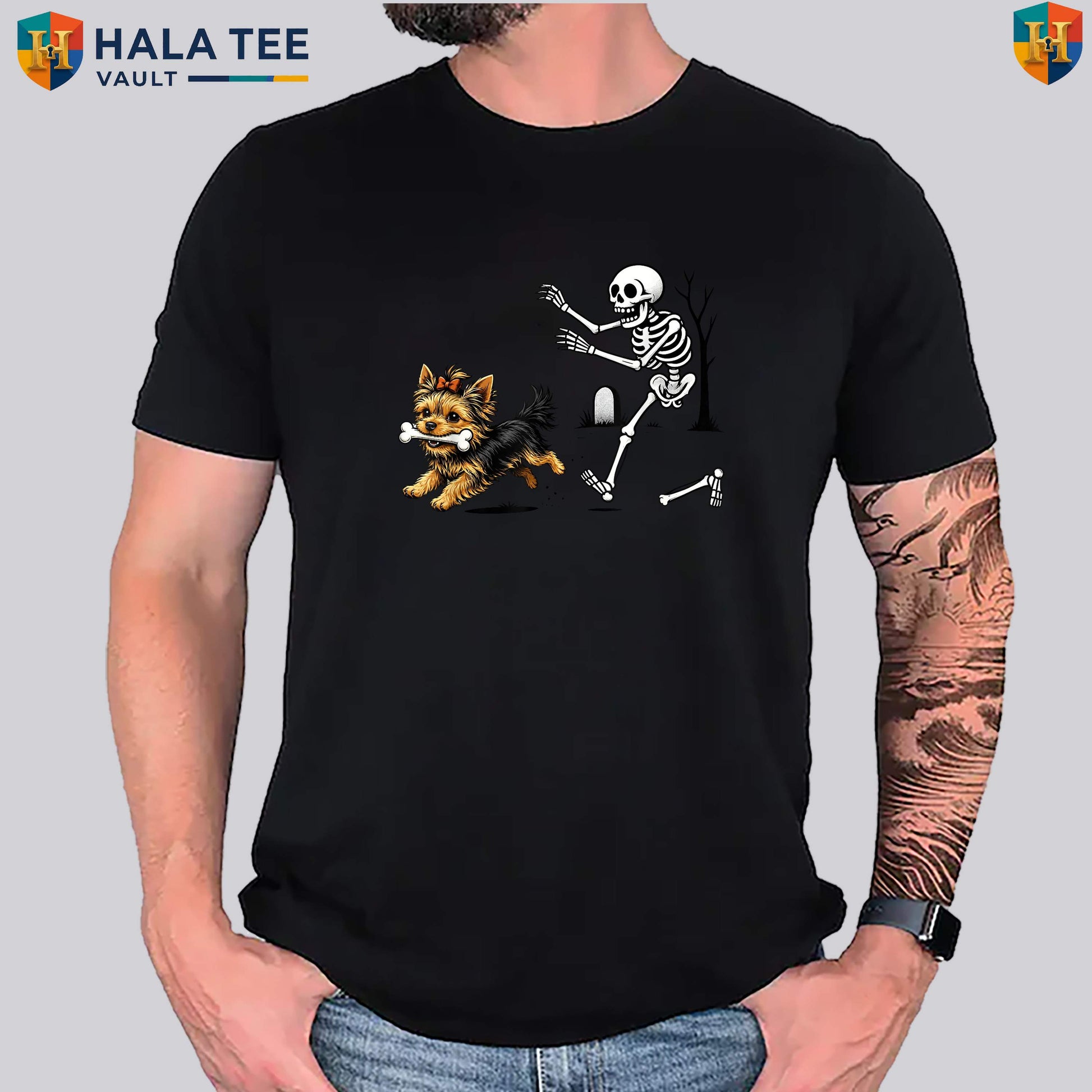 Yorkie Skeleton Dog Halloween T-Shirt Funny Spooky Season Pet Lover Apparel