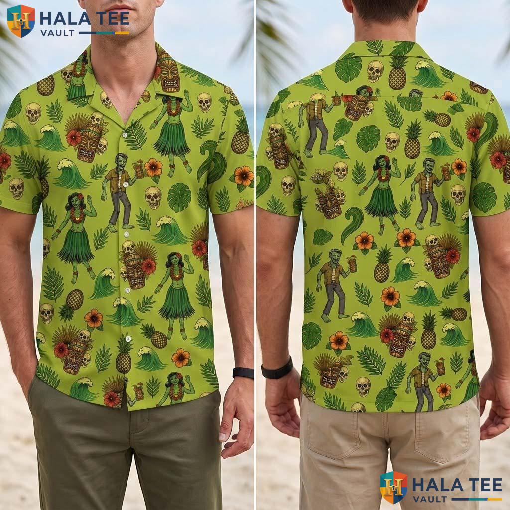 Zombie Hula Girl Halloween Hawaiian Shirt Spooky Tiki Party Aloha Adult