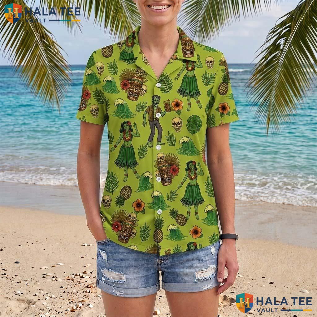 Zombie Hula Girl Halloween Hawaiian Shirt Spooky Tiki Party Aloha Adult