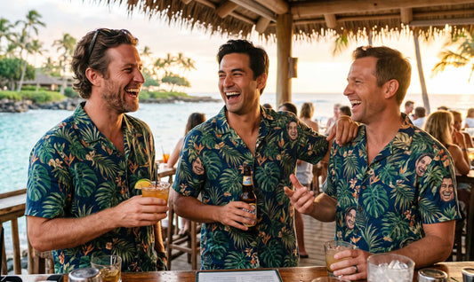 A group of friends laughing at a resort while wearing premium personalized hawaiian shirts with custom face prints