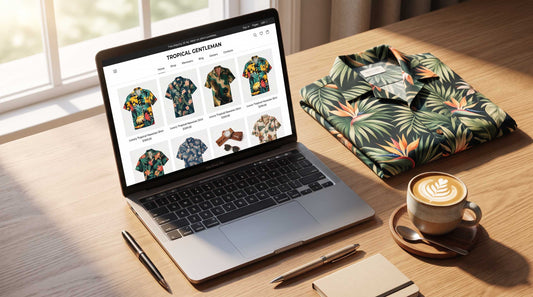 A laptop showing where to buy hawaiian shirts online next to a folded premium tropical shirt