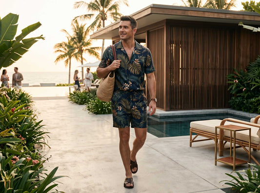 A stylish man wearing a premium hawaiian shirt men's clothing set at a luxury summer resort