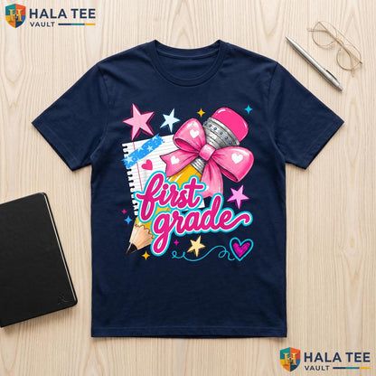 1st Grade Coquette Bow Shirt Pencil First Day Of School Girls Apparel Adult