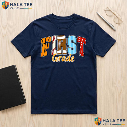 1st Grade Sports School Shirt Boy Football Baseball Basketball Apparel Adult