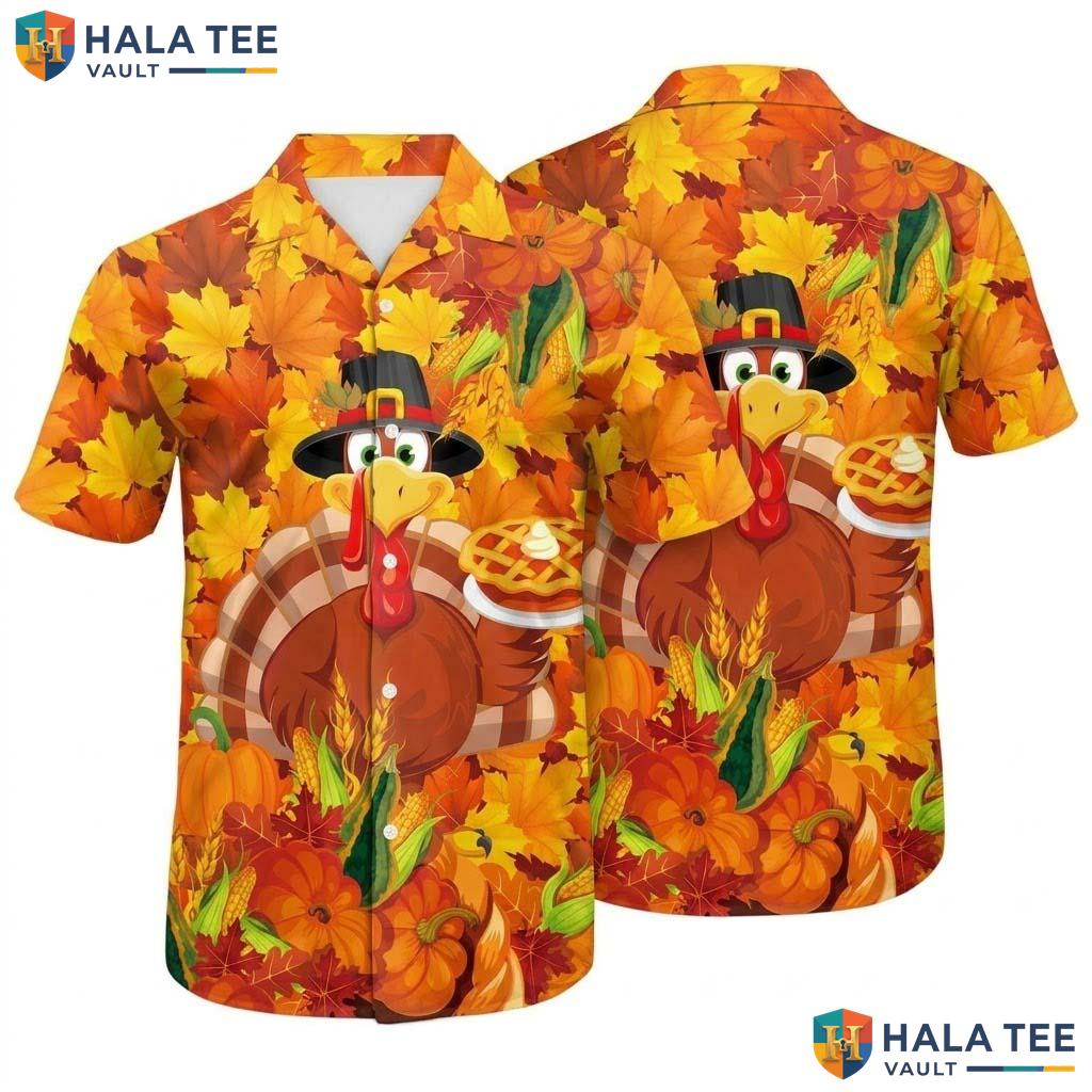 3D Printed Turkey Thanksgiving Hawaiian Shirt Fall Leaves Novelty Top