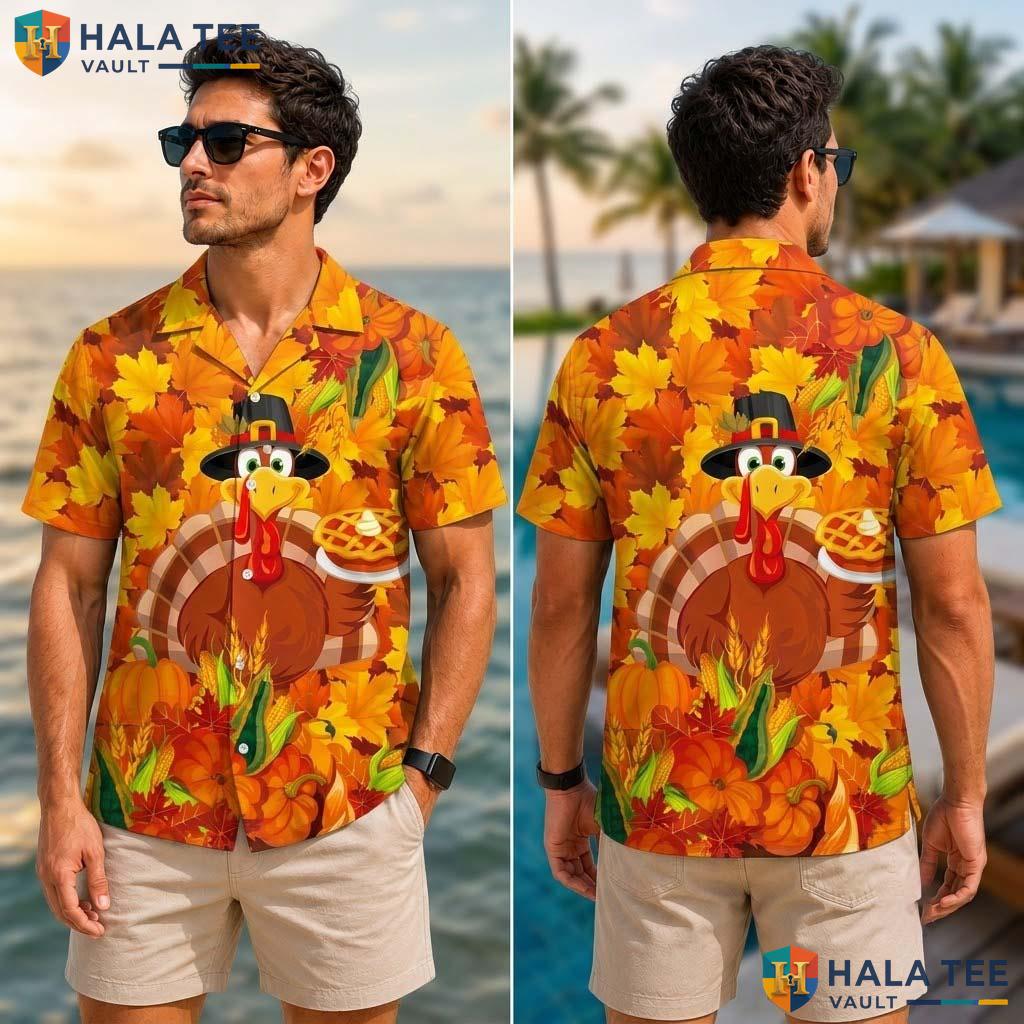 3D Printed Turkey Thanksgiving Tropical Shirt Fall Leaves Novelty Top