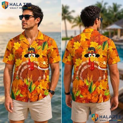 3D Printed Turkey Thanksgiving Tropical Shirt Fall Leaves Novelty Top