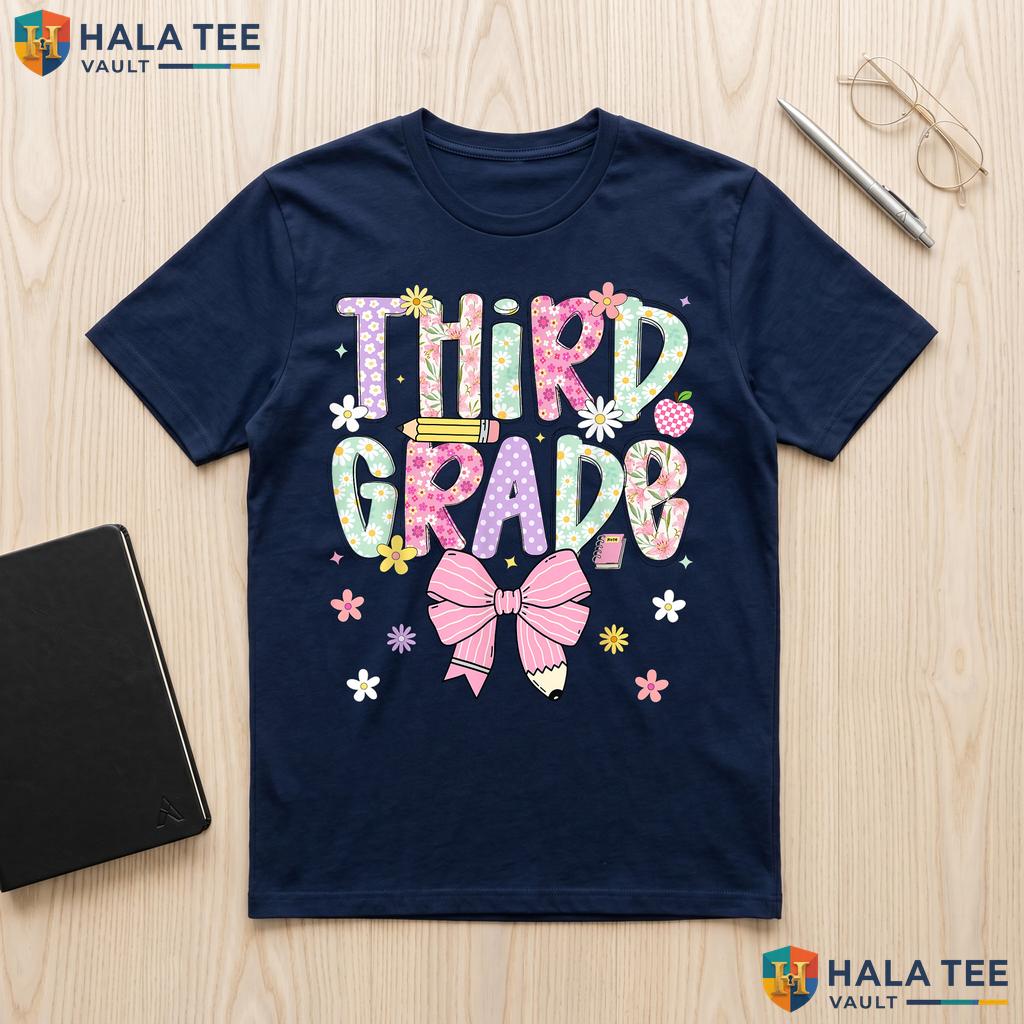 3rd Grade Pencil Bow Teacher Shirt Girls Back To School Graphic Top Adult