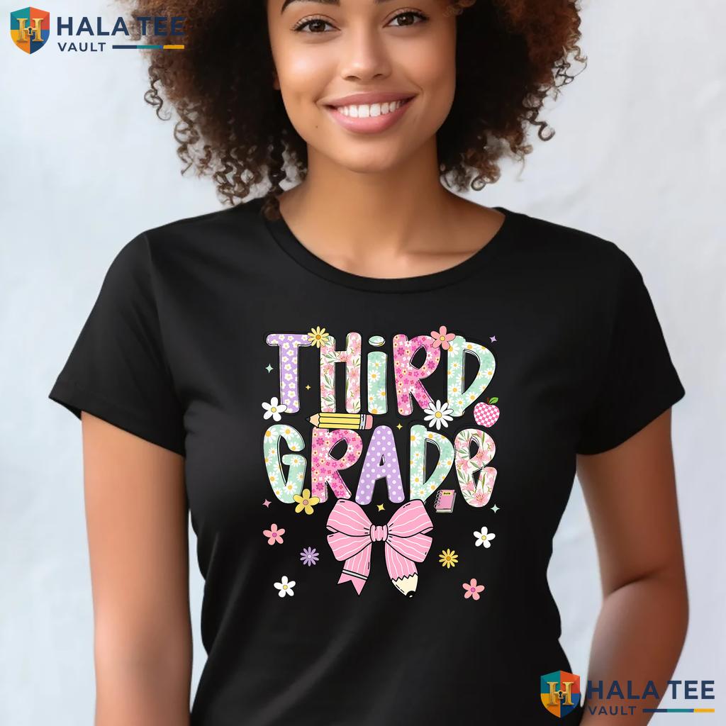 3rd Grade Pencil Bow Teacher Shirt Girls Back To School Graphic Top Adult