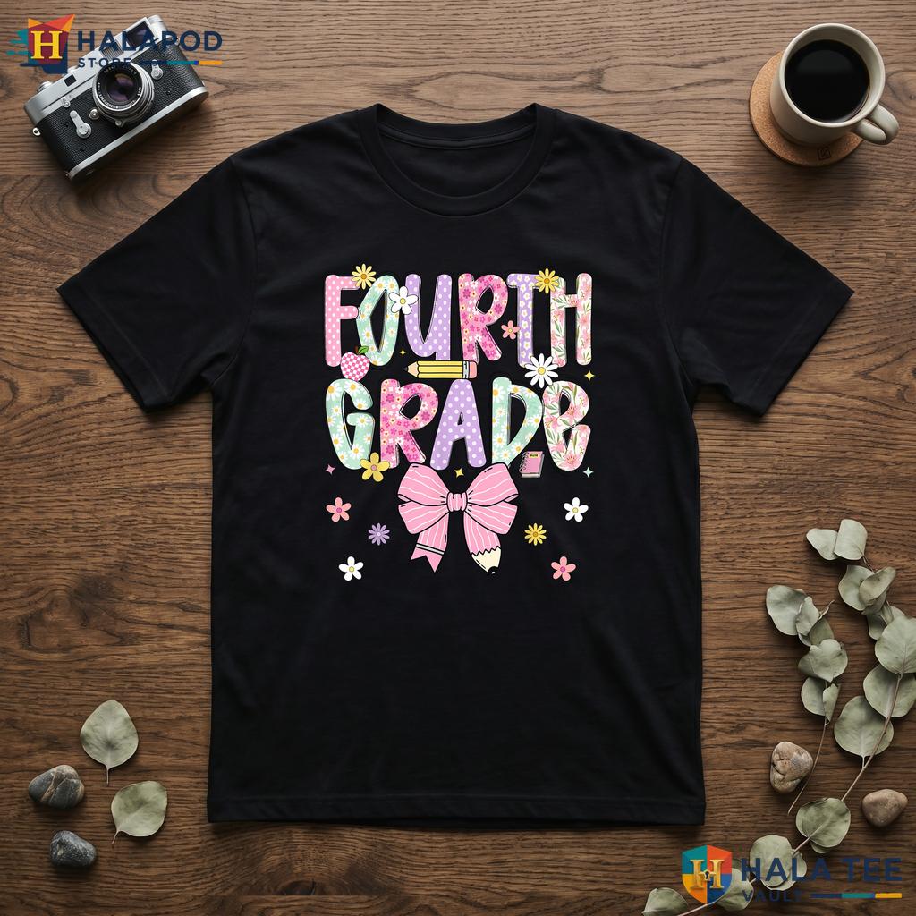 4th Grade Pencil Bow Shirt Girls Teacher Back To School Classroom Apparel