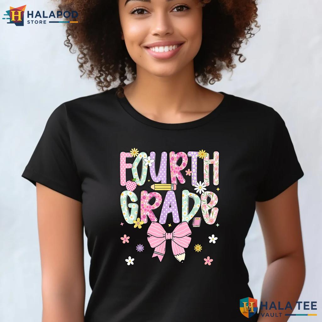 4th Grade Pencil Bow Shirt Girls Teacher Back To School Classroom Apparel Adult