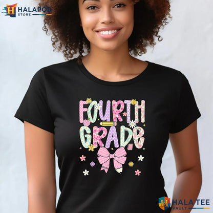 4th Grade Pencil Bow Shirt Girls Teacher Back To School Classroom Apparel Adult