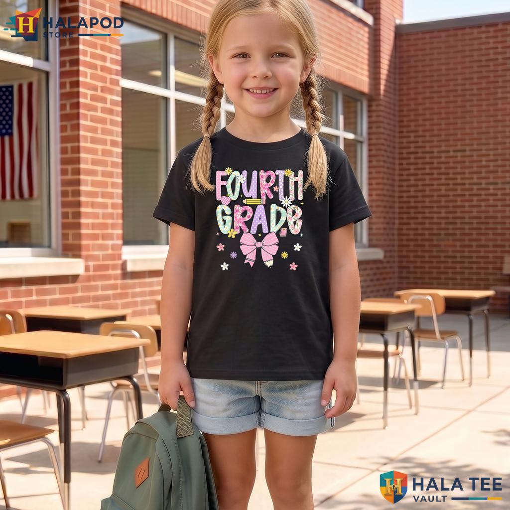 4th Grade Pencil Bow Shirt Girls Teacher Back To School Classroom Apparel Adult