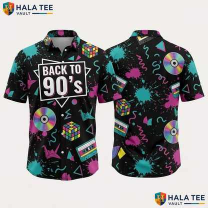 90s Vintage Pattern Aloha Shirt Mens Novelty Summer Party Beach Outfit