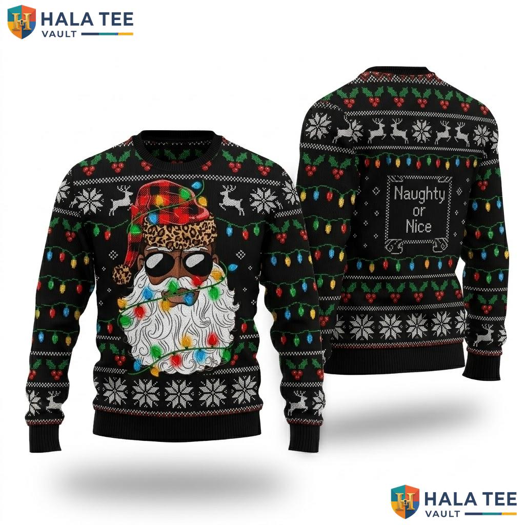 African American Afro Santa Christmas Sweater Graphic Lights Top