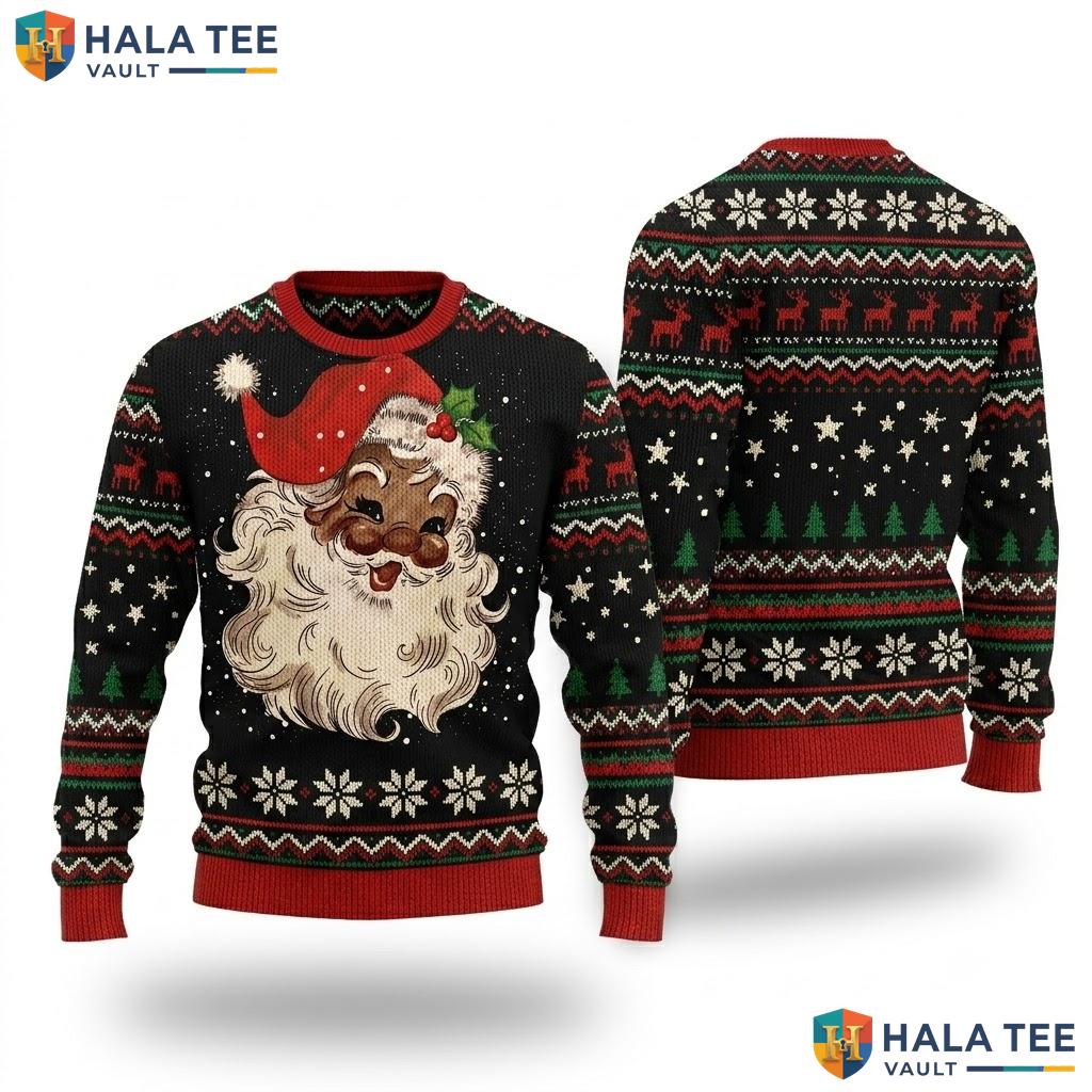 African American Santa Christmas Sweater Retro Vintage Black Top
